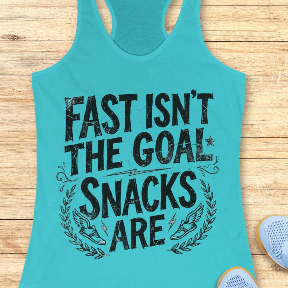 Turquoise tank top with black text fast isn't the goal, snacks are, on a wooden surface