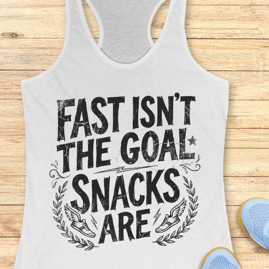 white tank top with motivational text fast isn't the goal, snacks are, on a wooden surface