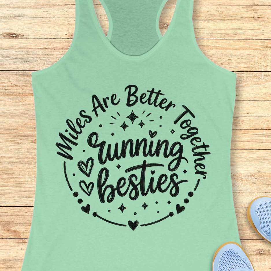 Mint green tank top with black text  'Miles Are Better Together Running Besties' on a wooden surface