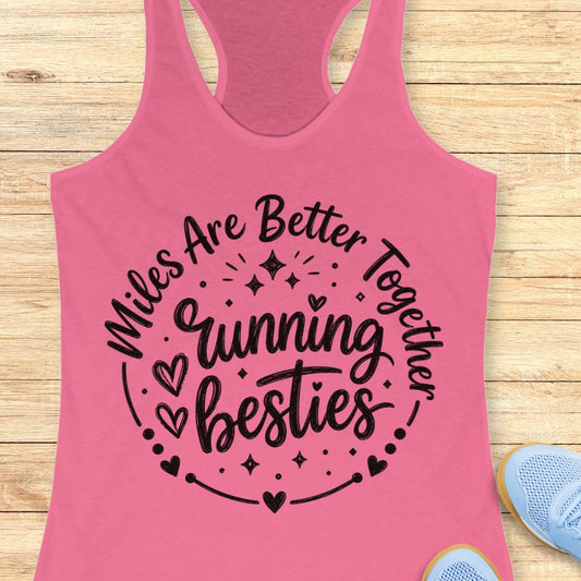 Pink tank top with black text 'Miles Are Better Together Running Besties' on a wooden surface.
