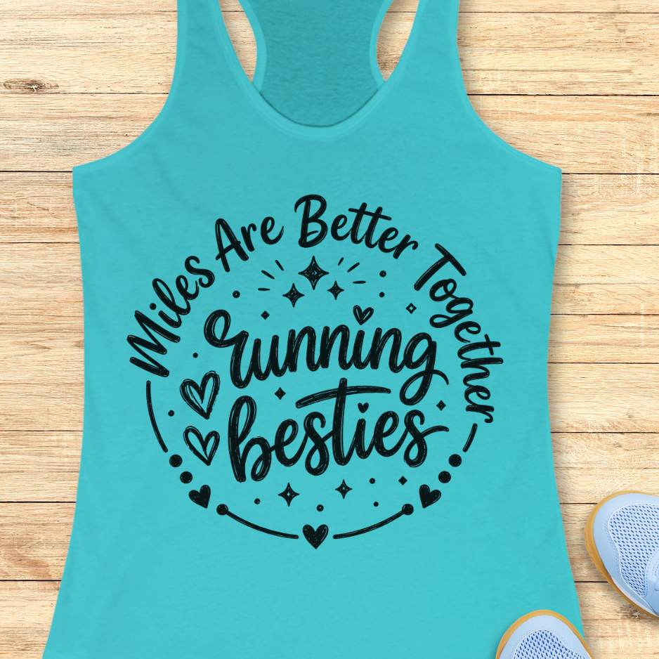 Turquoise tank top with black text  'Miles Are Better Together Running Besties' on a wooden surface