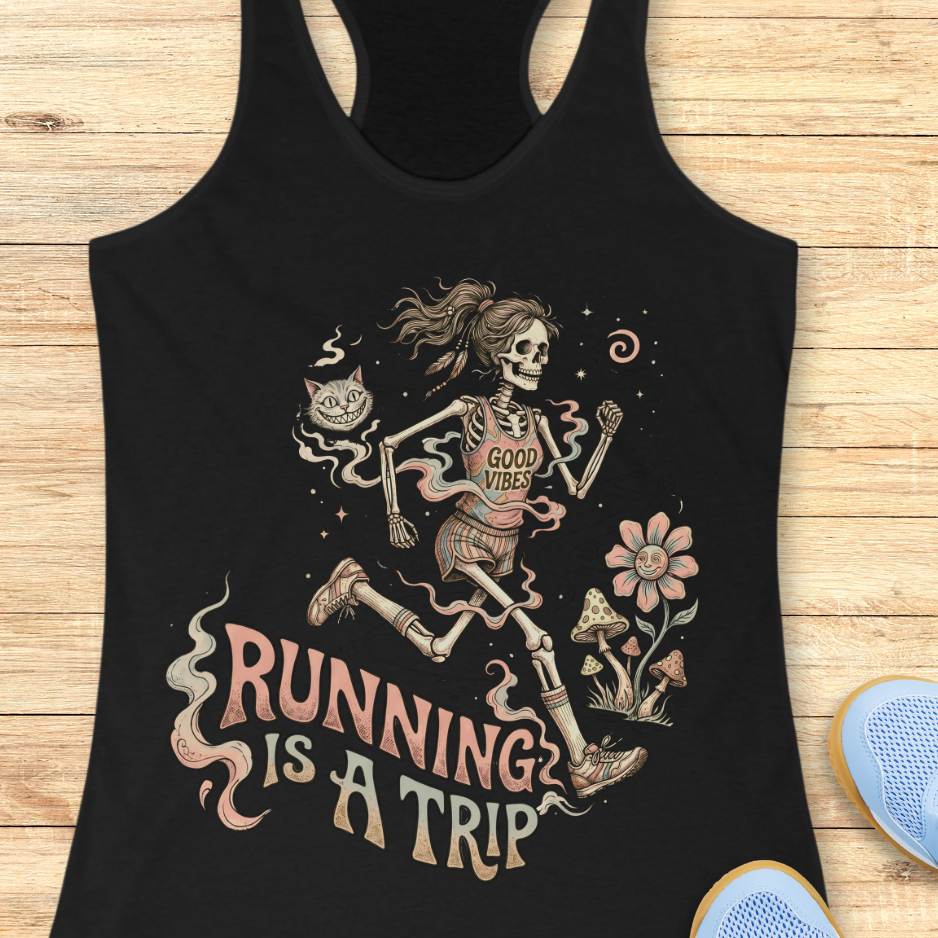 black tank top with skeleton design and text running is a trip on a wooden surface