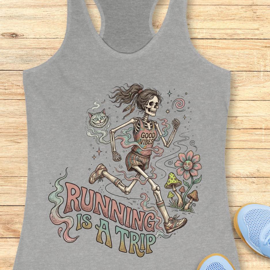 Gray tank top with skeleton design and 'Running is a Trip' text on a wooden surface