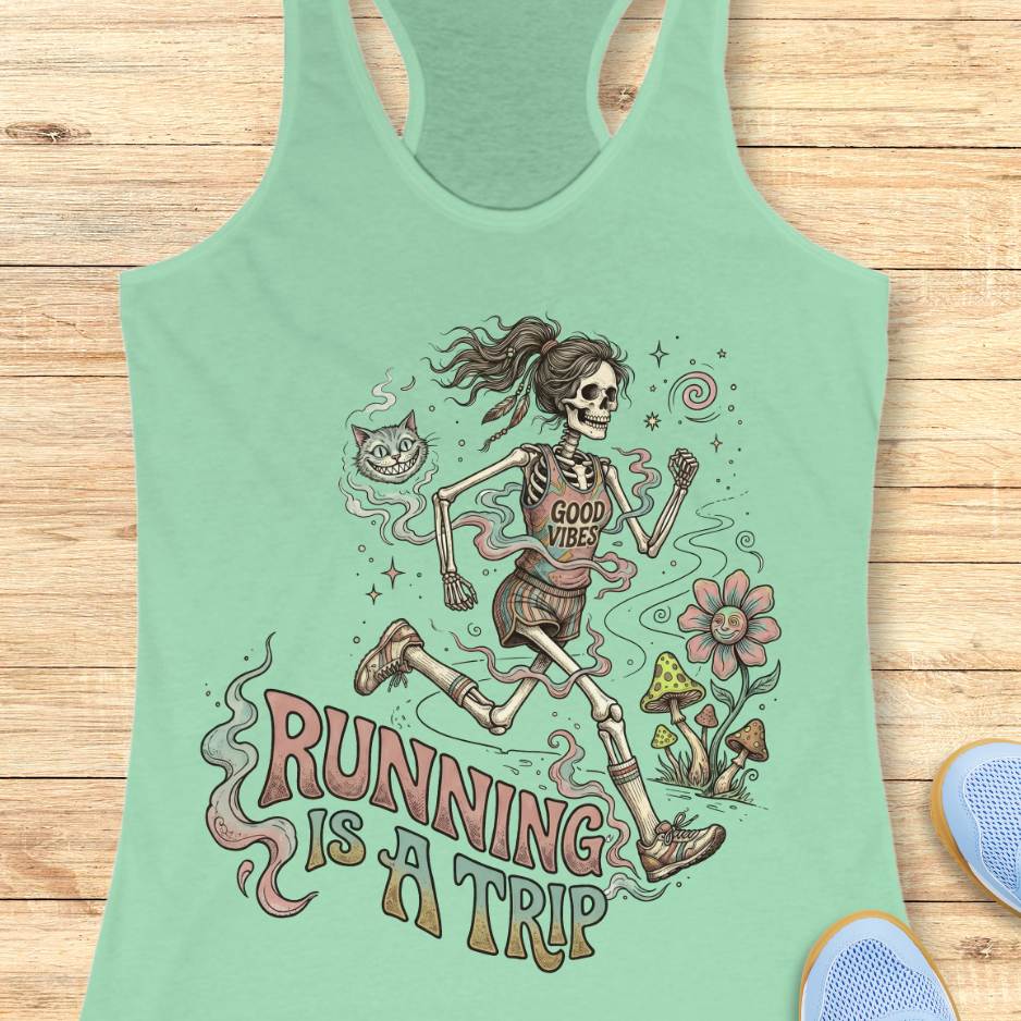 Green tank top with skeleton design and text running is a trip on a wooden surface
