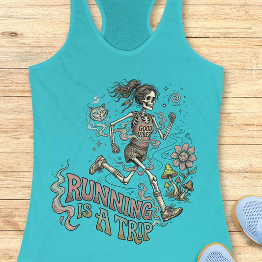 Turquoise tank top with skeleton design and text running is a trip on a wooden surface