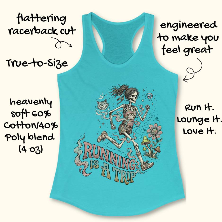 Turquoise tank top with skeleton design and 'Running is a Trip' text on a white background