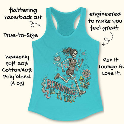 Turquoise tank top with skeleton design and 'Running is a Trip' text on a white background