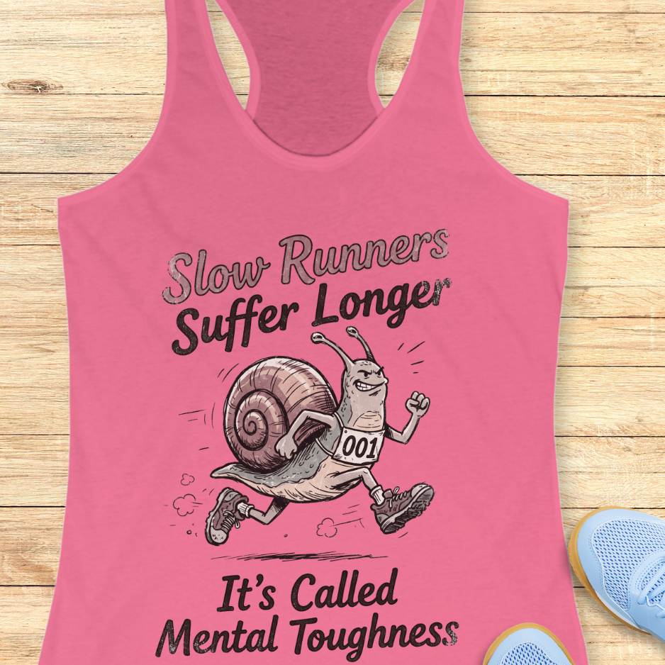 Pink tank top with a snail graphic and text on a wooden surface