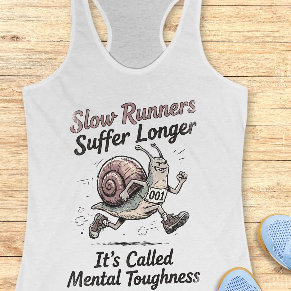 white tank top with a snail graphic and text on a wooden surface
