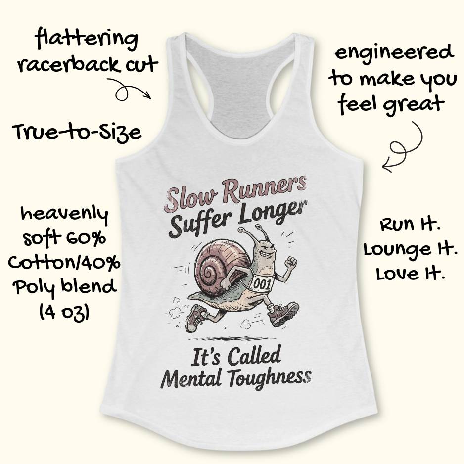 White tank top with a snail graphic and text on a white background