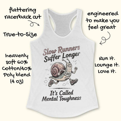 White tank top with a snail graphic and text on a white background