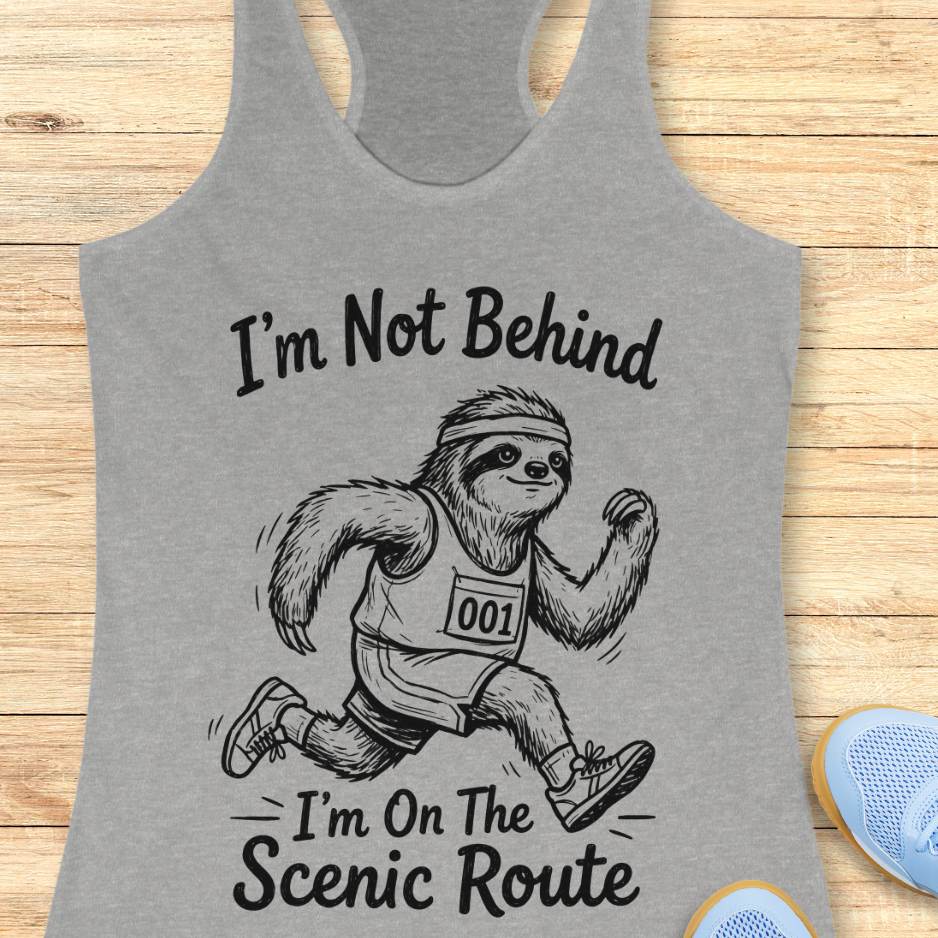 Gray tank top with a sloth graphic and text I'm not behind, I'm on the scenic route on a wooden surface