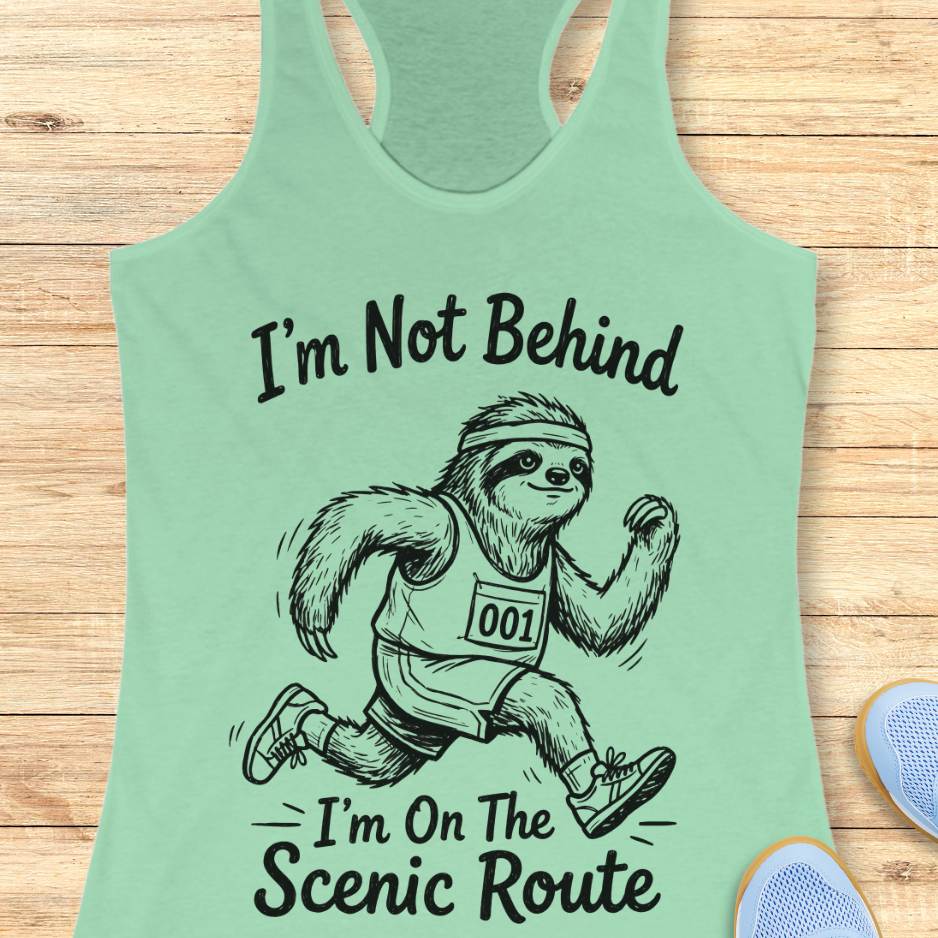 Mint green tank top with a sloth graphic and text I'm not behind, I'm on the scenic route on a wooden surface