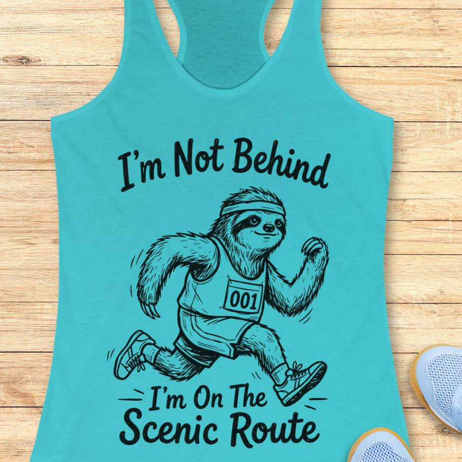 Turquoise tank top with a sloth graphic and text I'm not behind, I'm on the scenic route on a wooden surface