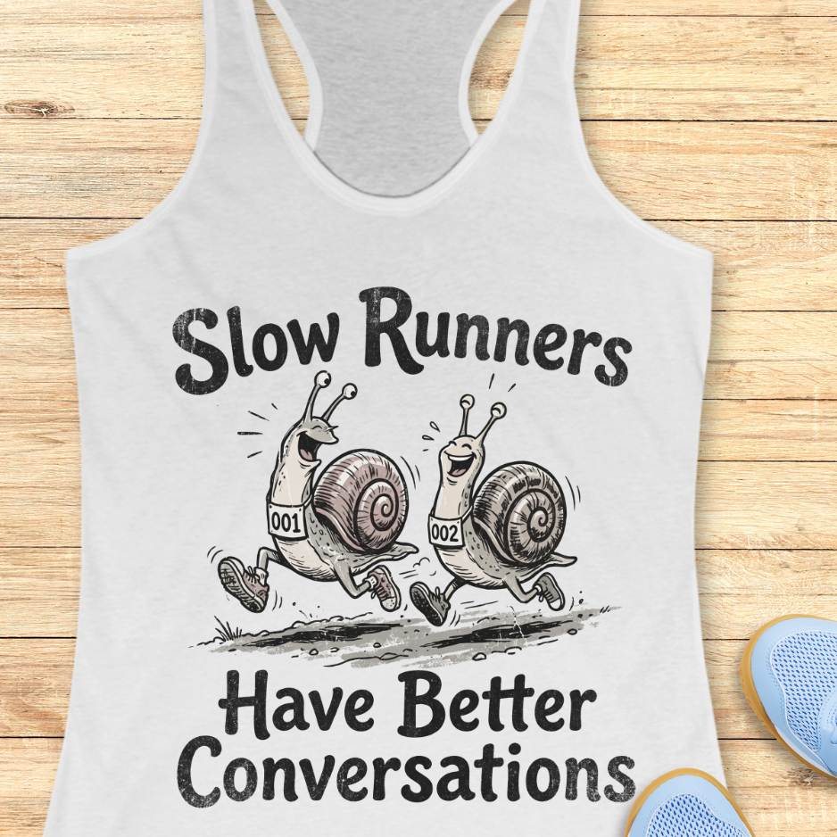 white tank top with snail graphic and text 'Slow Runners Have Better Conversations' on a wooden surface.