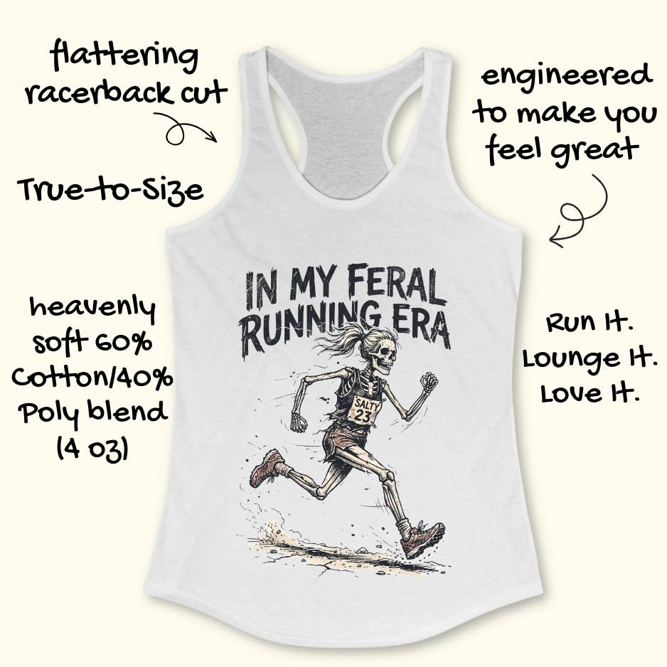 White tank top with running-themed design and text on a white background