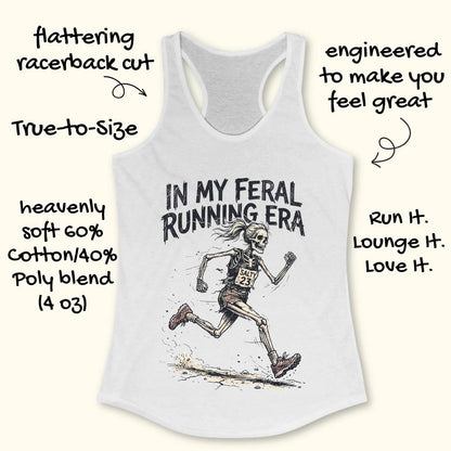White tank top with running-themed design and text on a white background