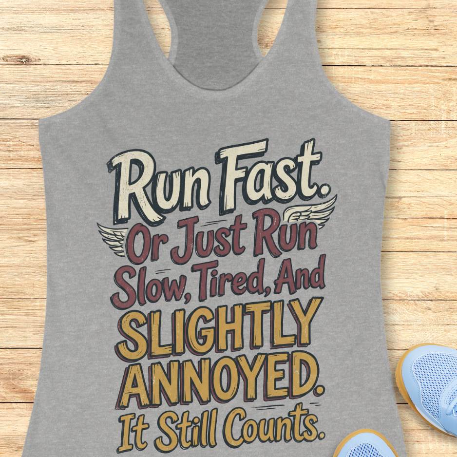 Gray tank top with humorous text design "Run fast. Or just run slow, tired, and slightly annoyed. It still counts." on a wooden surface