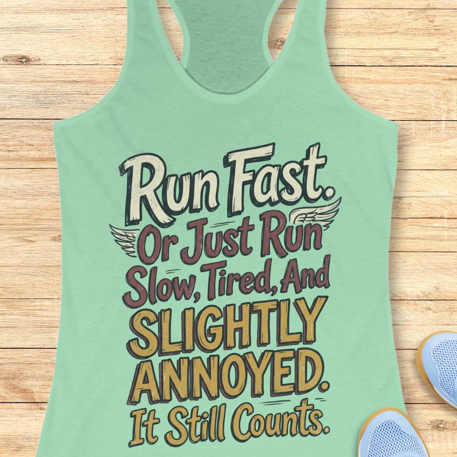 Mint green tank top with humorous text design "Run fast. Or just run slow, tired, and slightly annoyed. It still counts." on a wooden surface