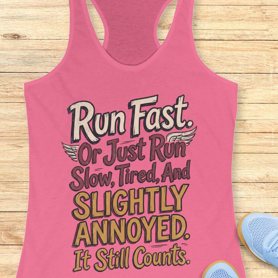 Pink tank top with humorous text "Run fast. Or just run slow, tired, and slightly annoyed. It still counts." on a wooden surface