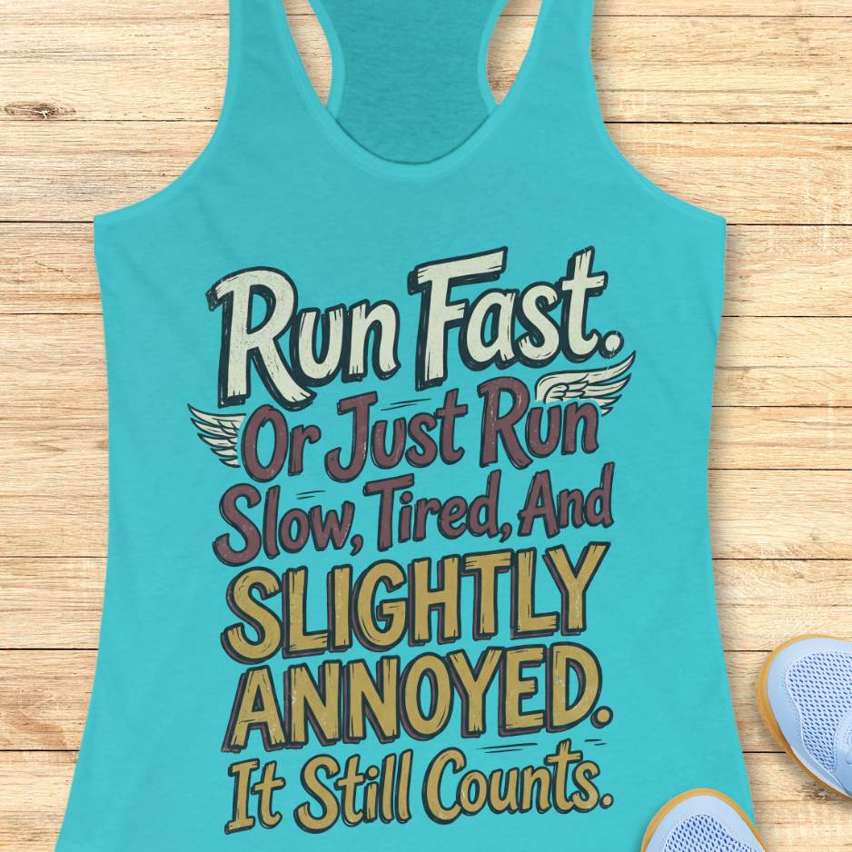 Turquoise tank top with humorous running text "Run fast. Or just run slow, tired, and slightly annoyed. It still counts." on a wooden surface