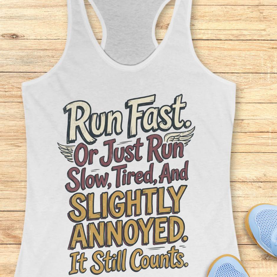 white tank top with humorous text "Run fast. Or just run slow, tired, and slightly annoyed. It still counts." design on a wooden surface