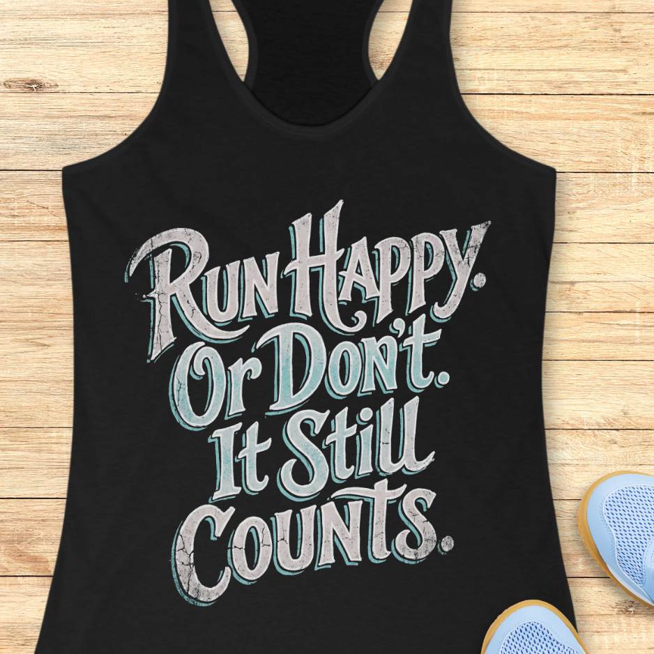 Black tank top with motivational quote  Run happy. Or Don't It still counts.  on a wooden surface