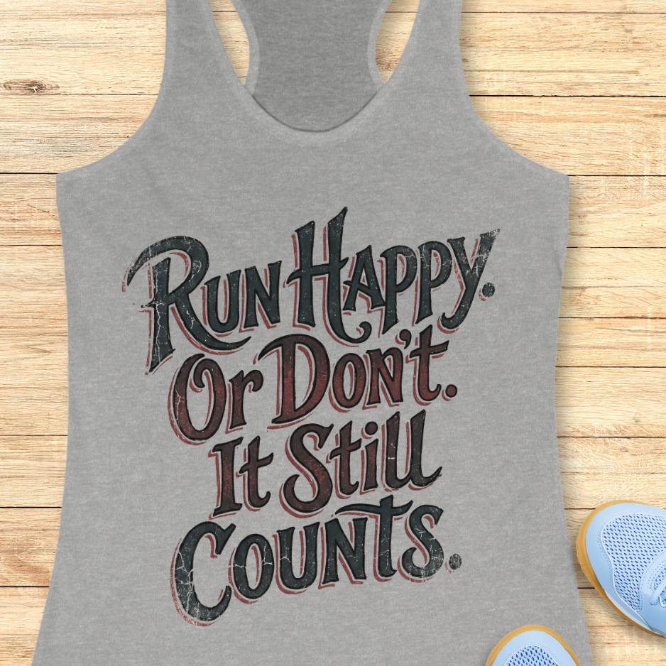 Gray tank top with motivational text Run happy. Or Don't It still counts.  on a wooden surface