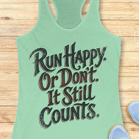Mint green tank top with motivational text Run happy. Or Don't It still counts. on a wooden surface