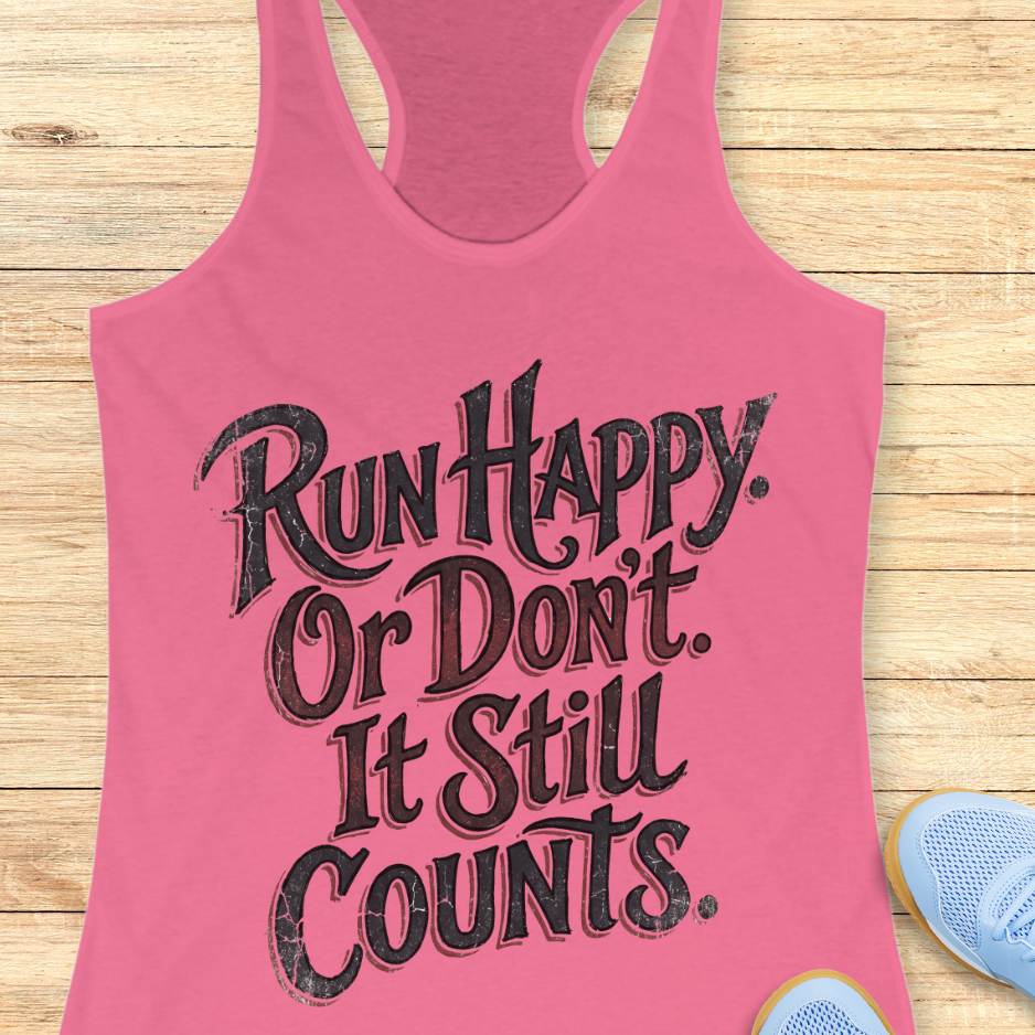 Pink tank top with text 'Run Happy Or Don't. It Still Counts.' on a wooden surface.