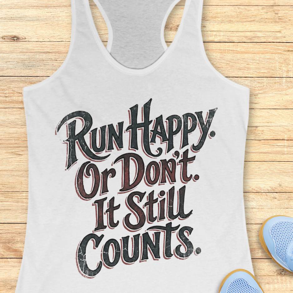 white tank top with 'Run Happy. Or Don't. It Still Counts.' text on a wooden surface.