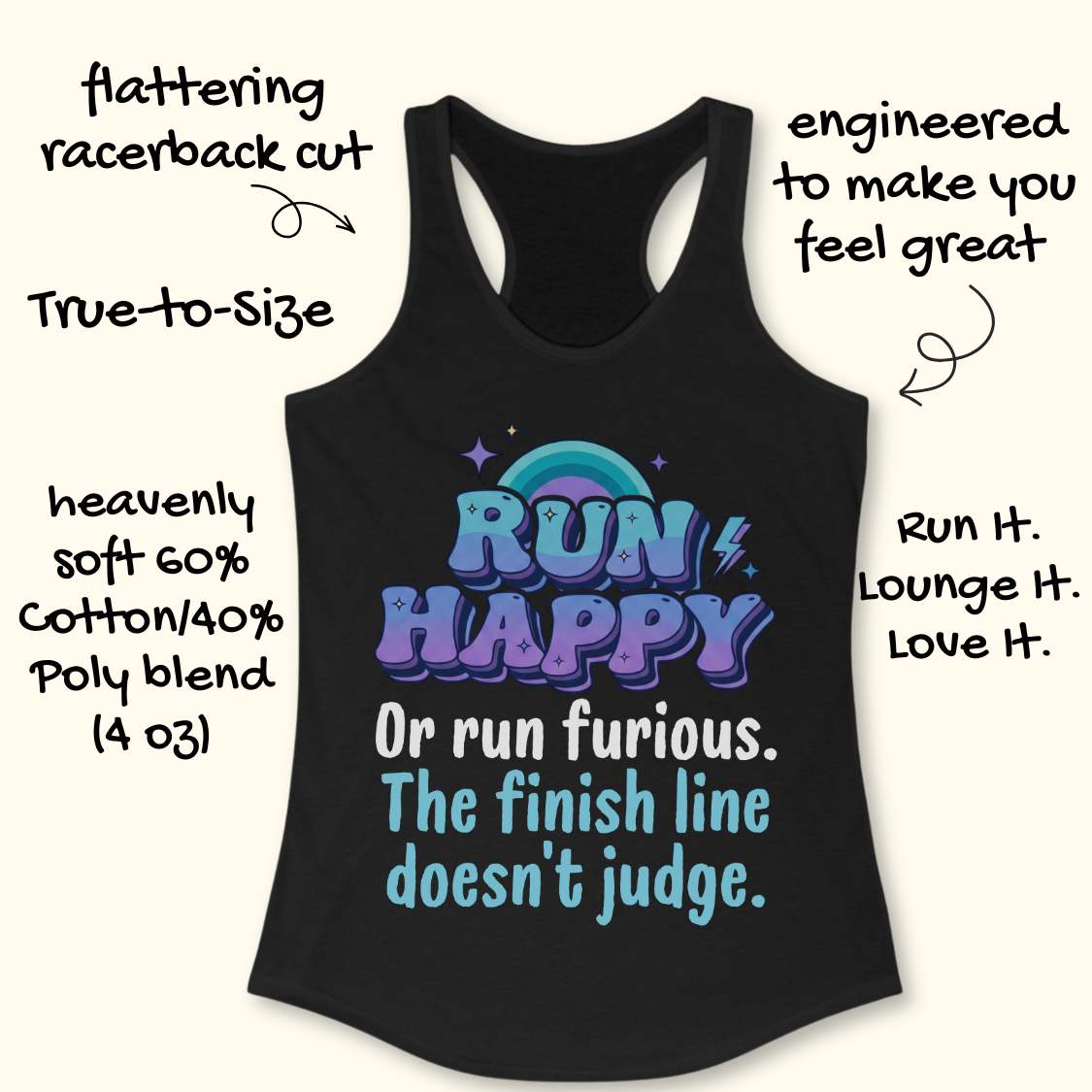 Black tank top with colorful text  "RUN HAPPY OR RUN FURIOUS. THE FINISH LINE DOESN'T JUDGE. " on a white background