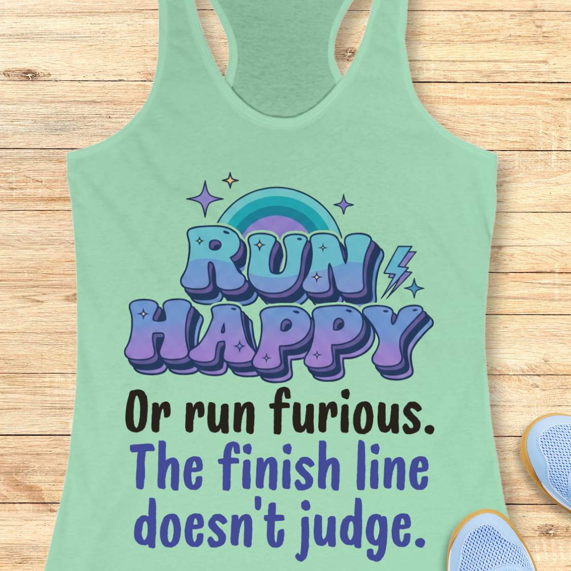 Green tank top with motivational text  "RUN HAPPY OR RUN FURIOUS. THE FINISH LINE DOESN'T JUDGE. " on a wooden surface