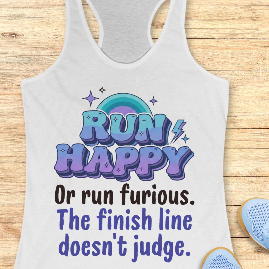 WHITE tank top with motivational text  "RUN HAPPY OR RUN FURIOUS. THE FINISH LINE DOESN'T JUDGE. "and rainbow design on a wooden surface
