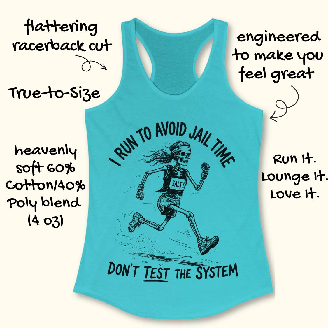 Blue tank top with skeleton runner graphic and text i run to avoid jail time don't test the system  on a white background