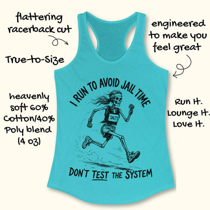 Blue tank top with skeleton runner graphic and text i run to avoid jail time don't test the system  on a white background