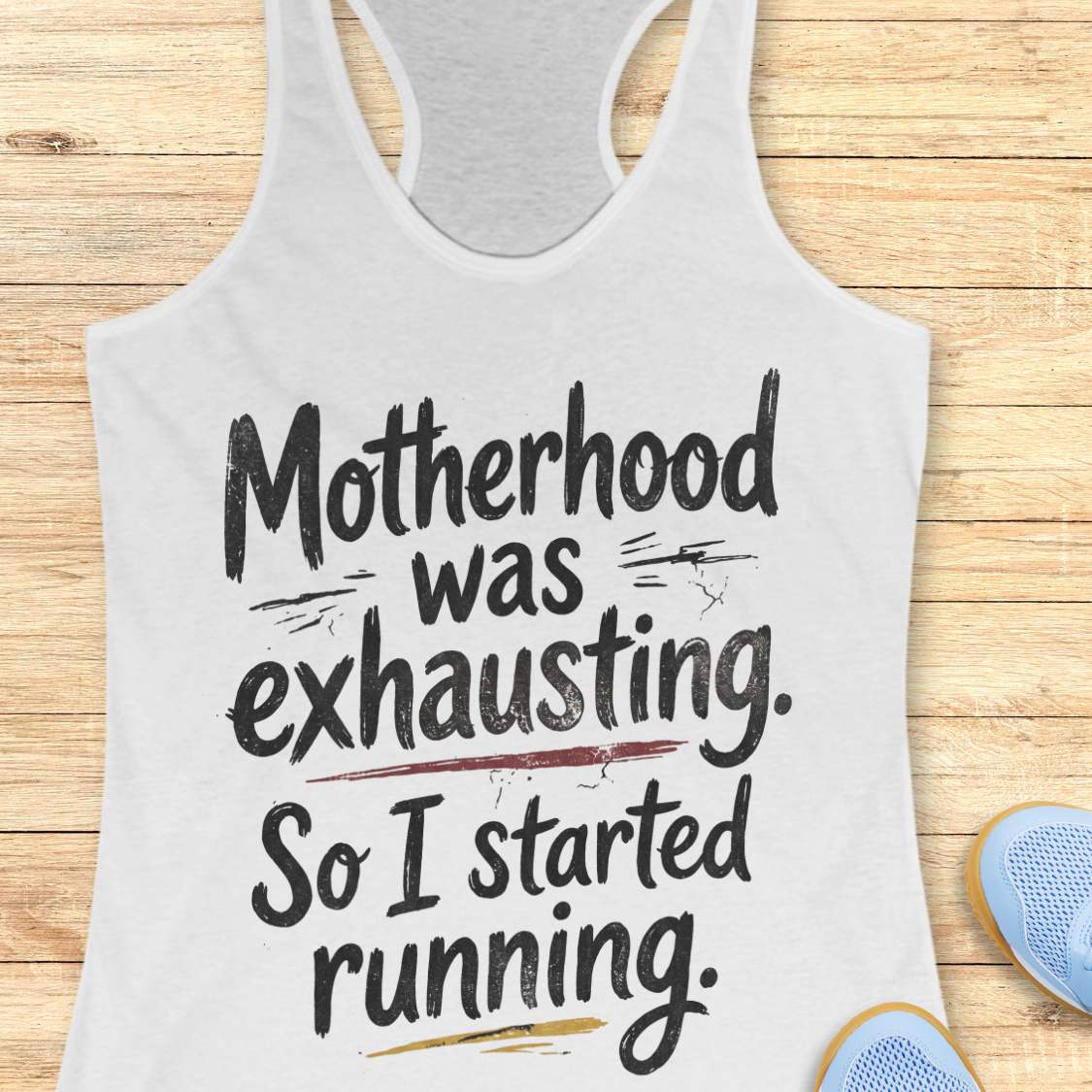 white tank top with humorous text motherhood was exhausting. So I started running.  on a wooden surface