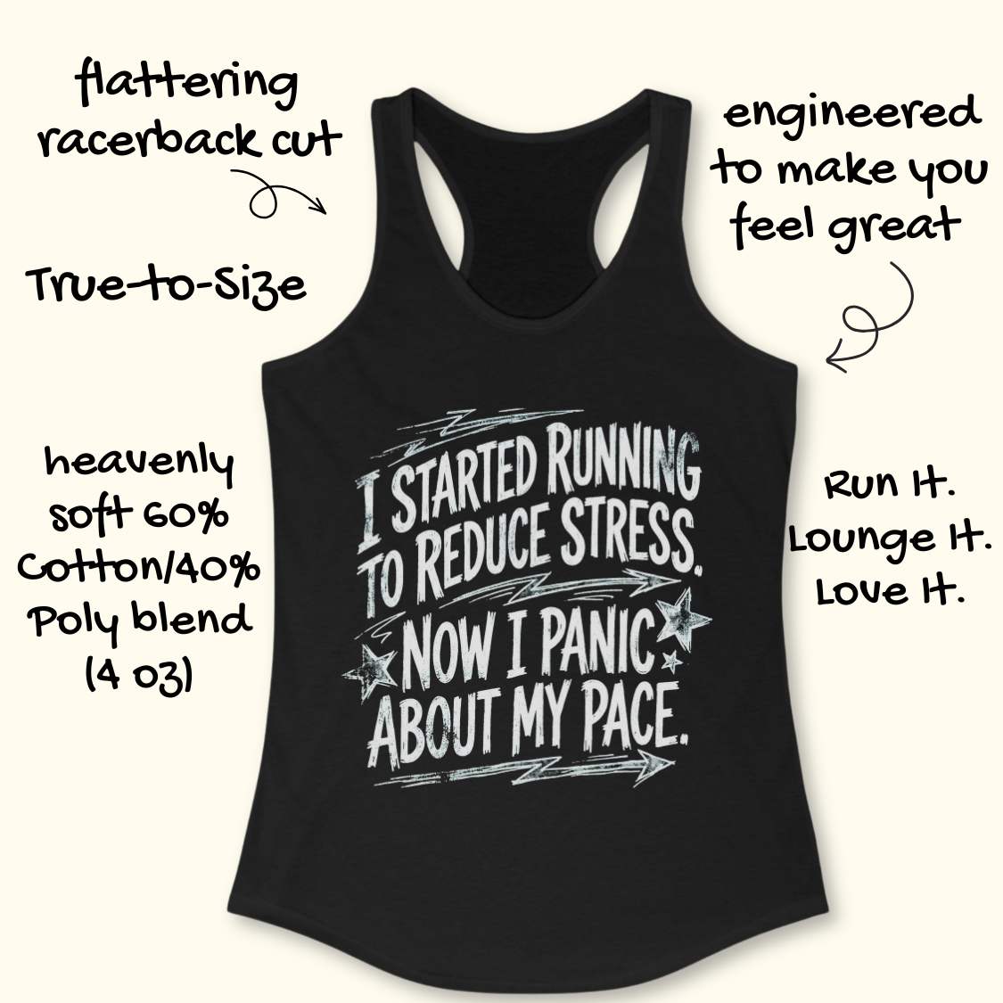 Black tank top with white text I started running to reduce stress. Now I panic about my pace.  on a white background