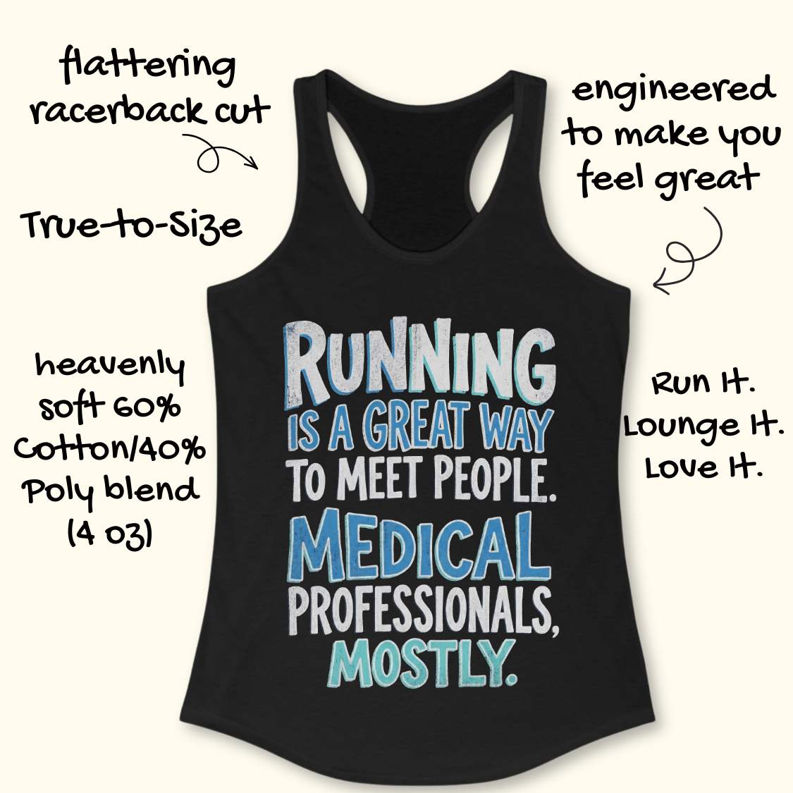 Black tank top with humorous text design on a white background