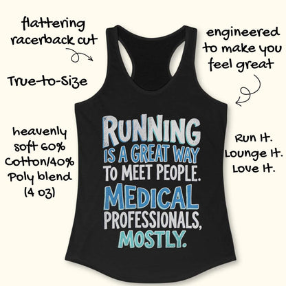 Black tank top with humorous text design on a white background