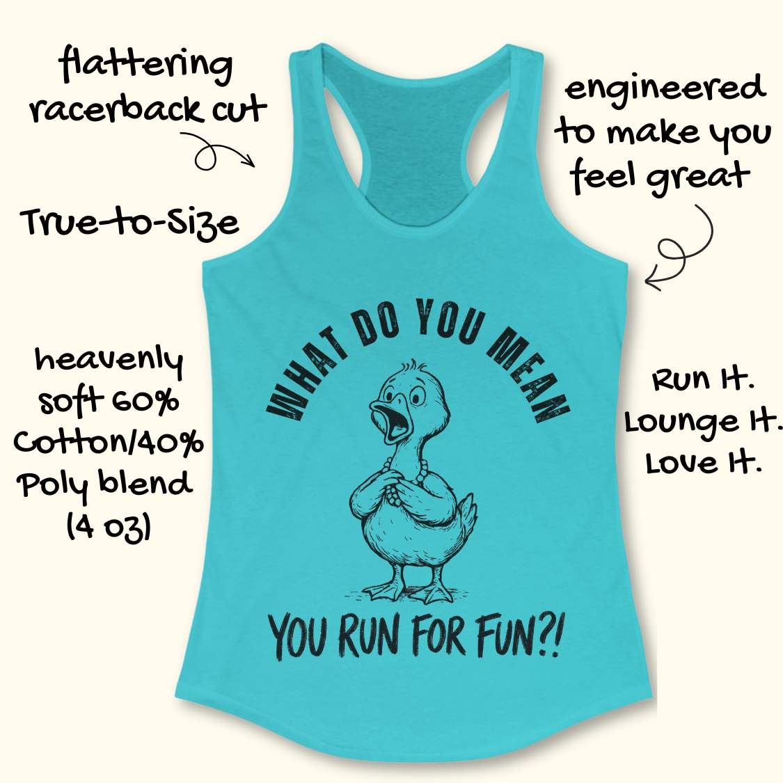 Blue tank top with a graphic and text what do you mean you run for fun, on a white background