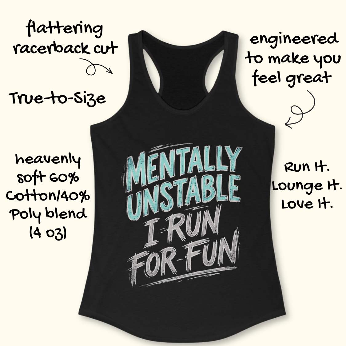 Black tank top with text 'Mentally Unstable I Run For Fun' on a white background