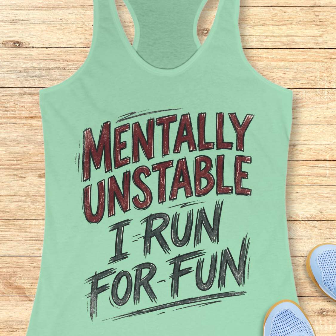 Green tank top with text 'Mentally Unstable I Run For Fun' on a wooden surface.