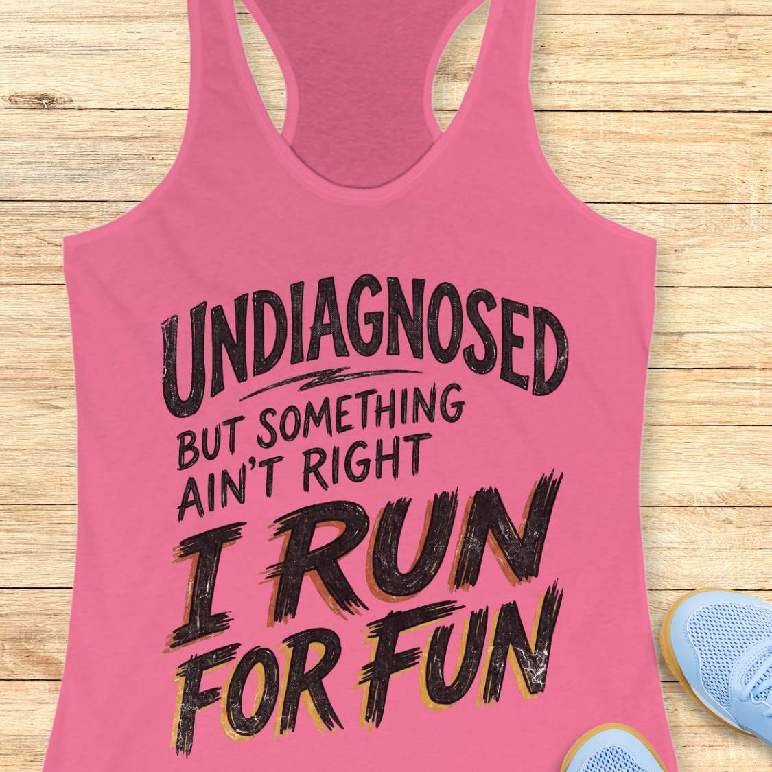 Pink tank top with humorous text undiagnosed but something ain't right, I run for fun, on a wooden surface
