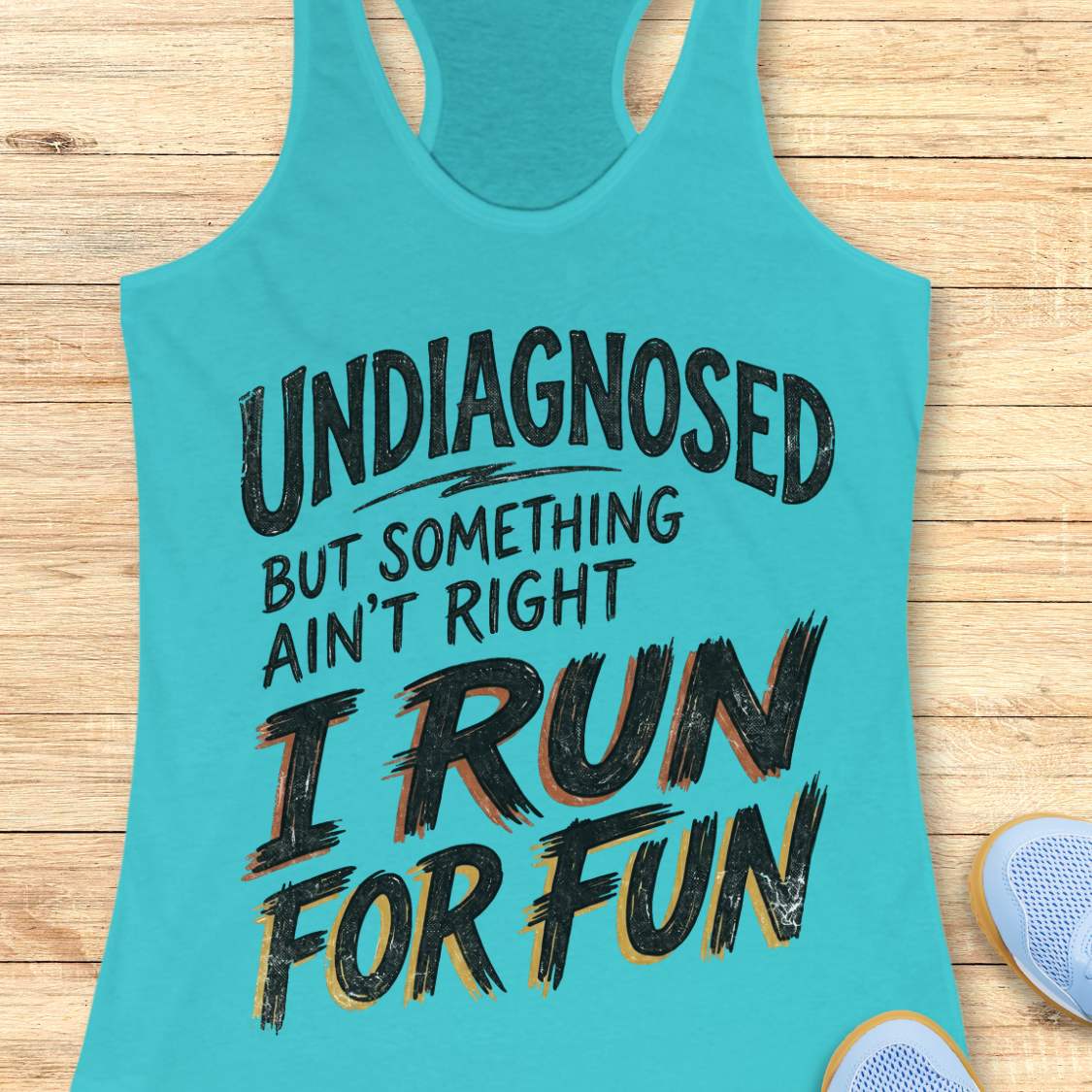 Turquoise tank top with humorous text undiagnosed but something ain't right, I run for fun, on a wooden surface