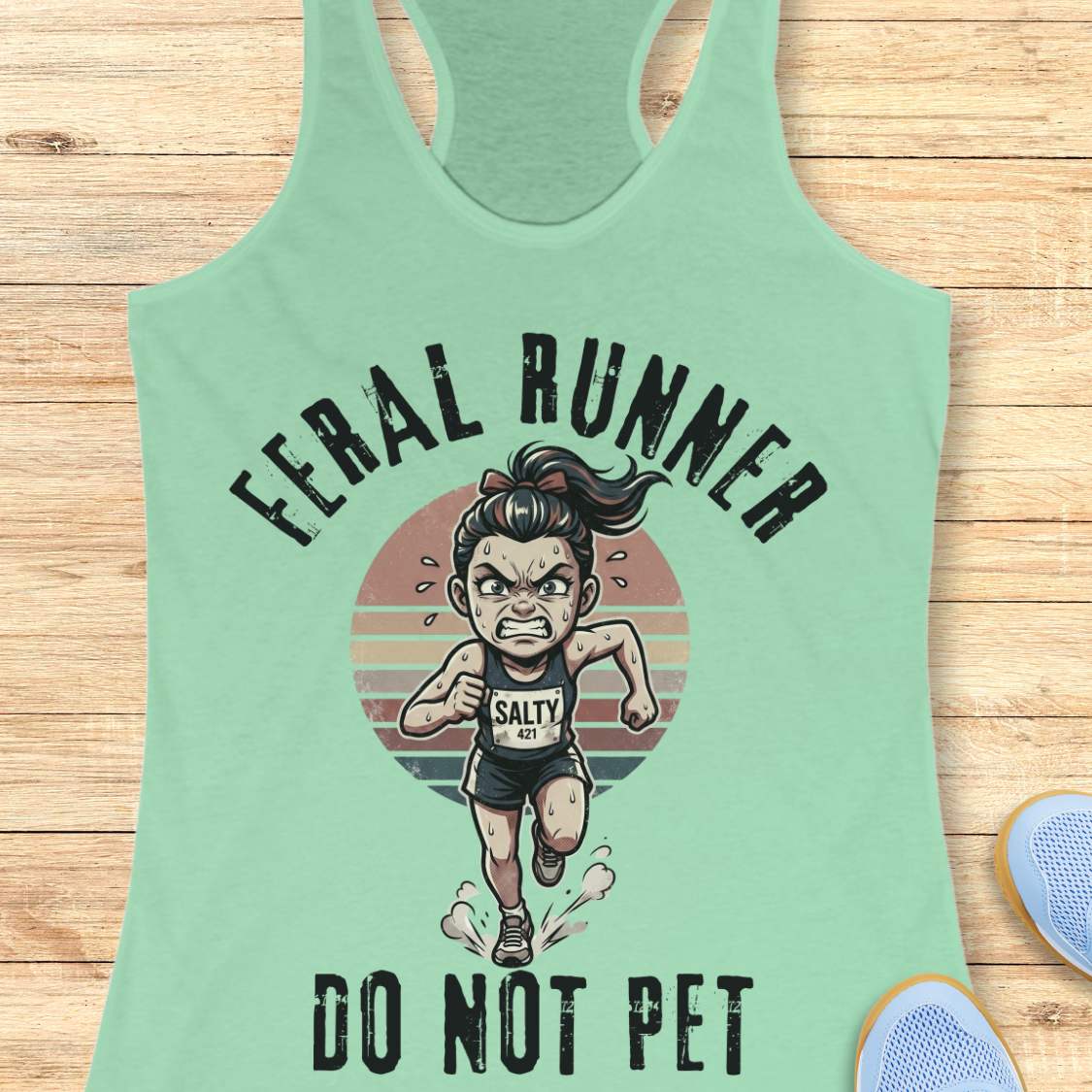Mint green tank top with 'Feral Runner Do Not Pet' graphic on a wooden surface
