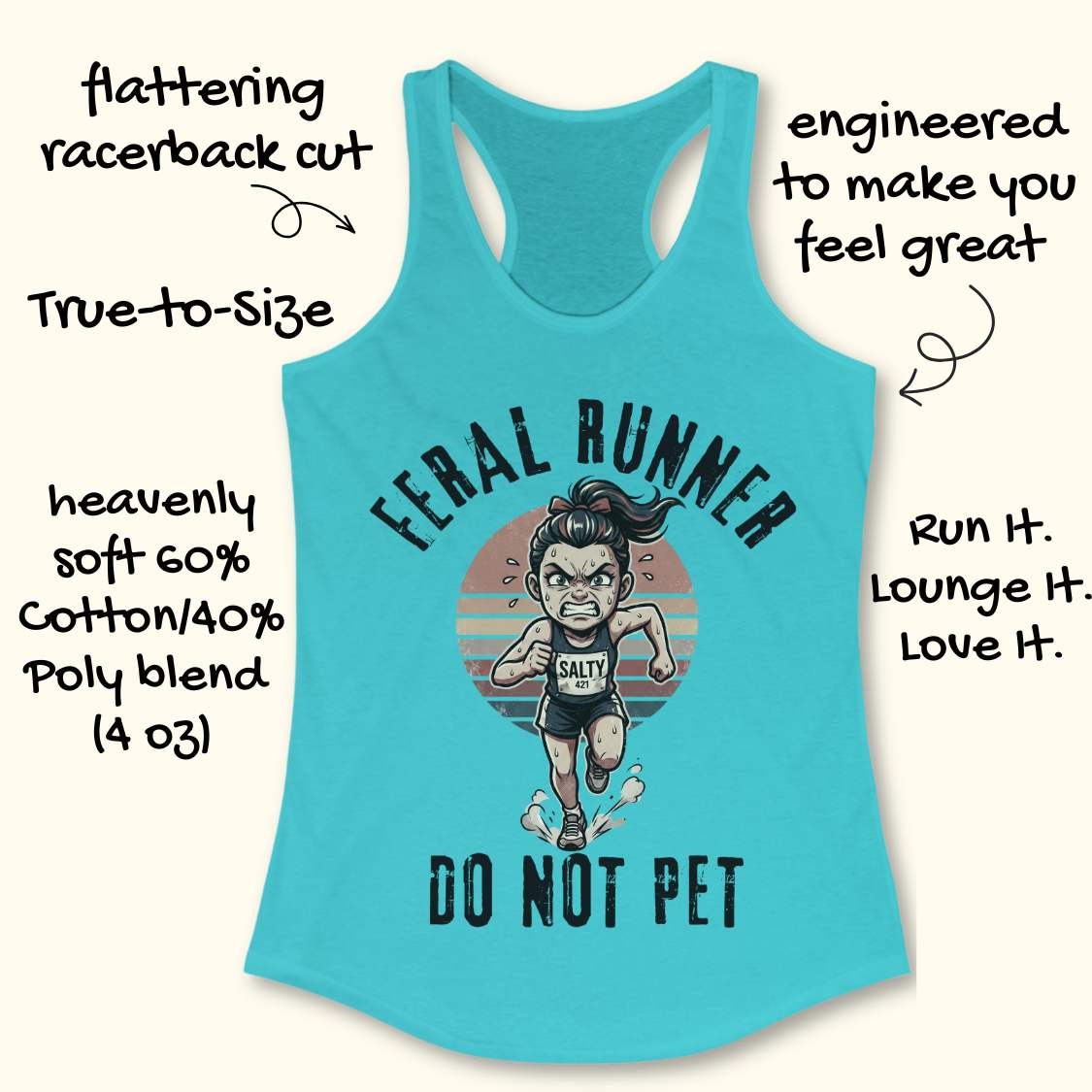 Blue tank top with 'Feral Runner Do Not Pet' graphic and text about fabric and design features.