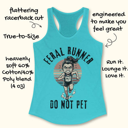 Blue tank top with 'Feral Runner Do Not Pet' graphic and text about fabric and design features.