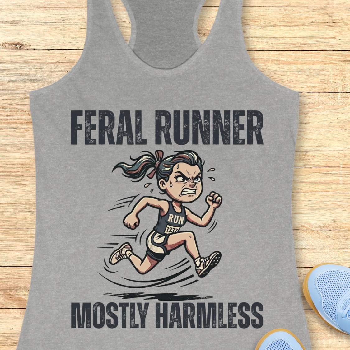 Gray tank top with 'Feral Runner Mostly Harmless' graphic on a wooden surface