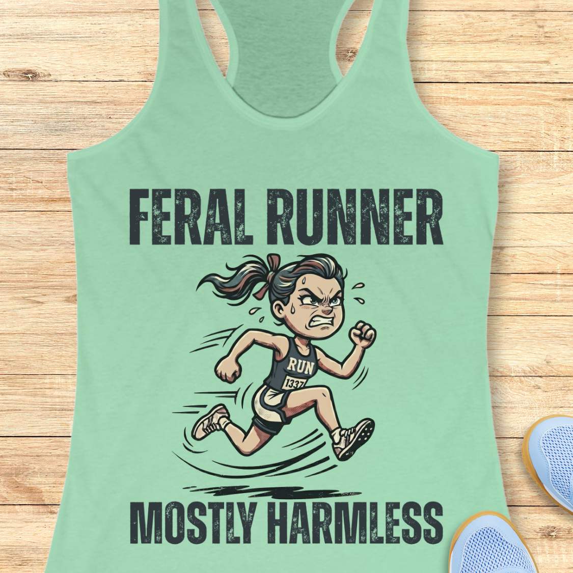 Mint green tank top with 'Feral Runner Mostly Harmless' graphic on a wooden surface